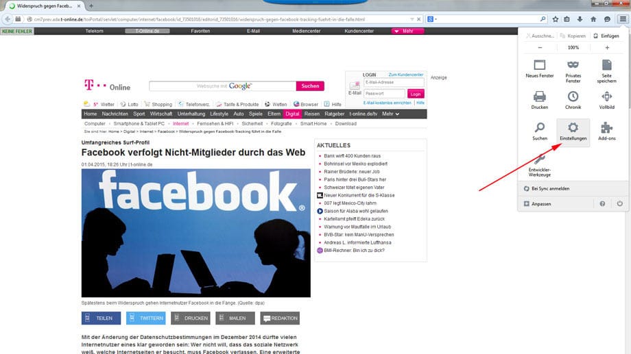 Cookies in Firefox löschen Schritt 1: Klicken Sie ganz oben rechts auf das Symbol für die "Einstellungen" und dann im Menü ebenfalls auf "Einstellungen", also das Zahnradsymbol.
