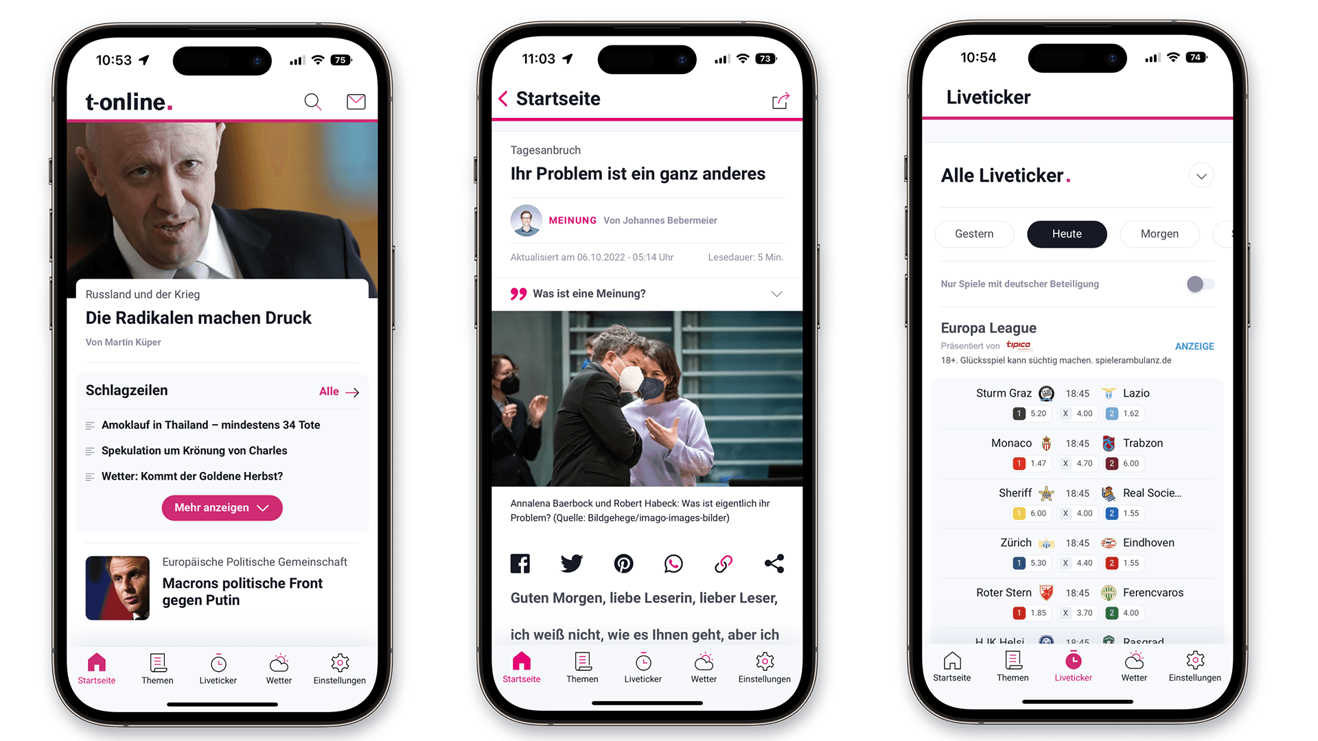 Die t-online App Startseite, der Tagesanbruch Newsletter von Chefredakteur Florian Harms und der Bundesliga Liveticker. (v.l.n.r.) Die t-online App Startseite, der Tagesanbruch Newsletter von Chefredakteur Florian Harms und der Bundesliga Liveticker. (v.l.n.r.)