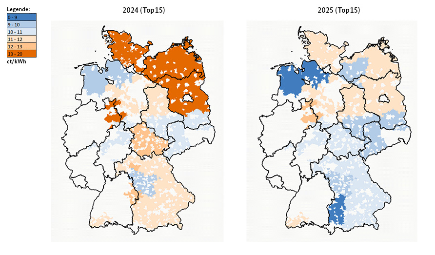 Die Karten zeigen die geografische Verteilung der Netzentgelte der Jahre 2024 und 2025 für einen durchschnittlichen Haushaltskunden in der Niederspannungsebene (Jahresverbrauch: 3.500 kWh) im Vergleich.