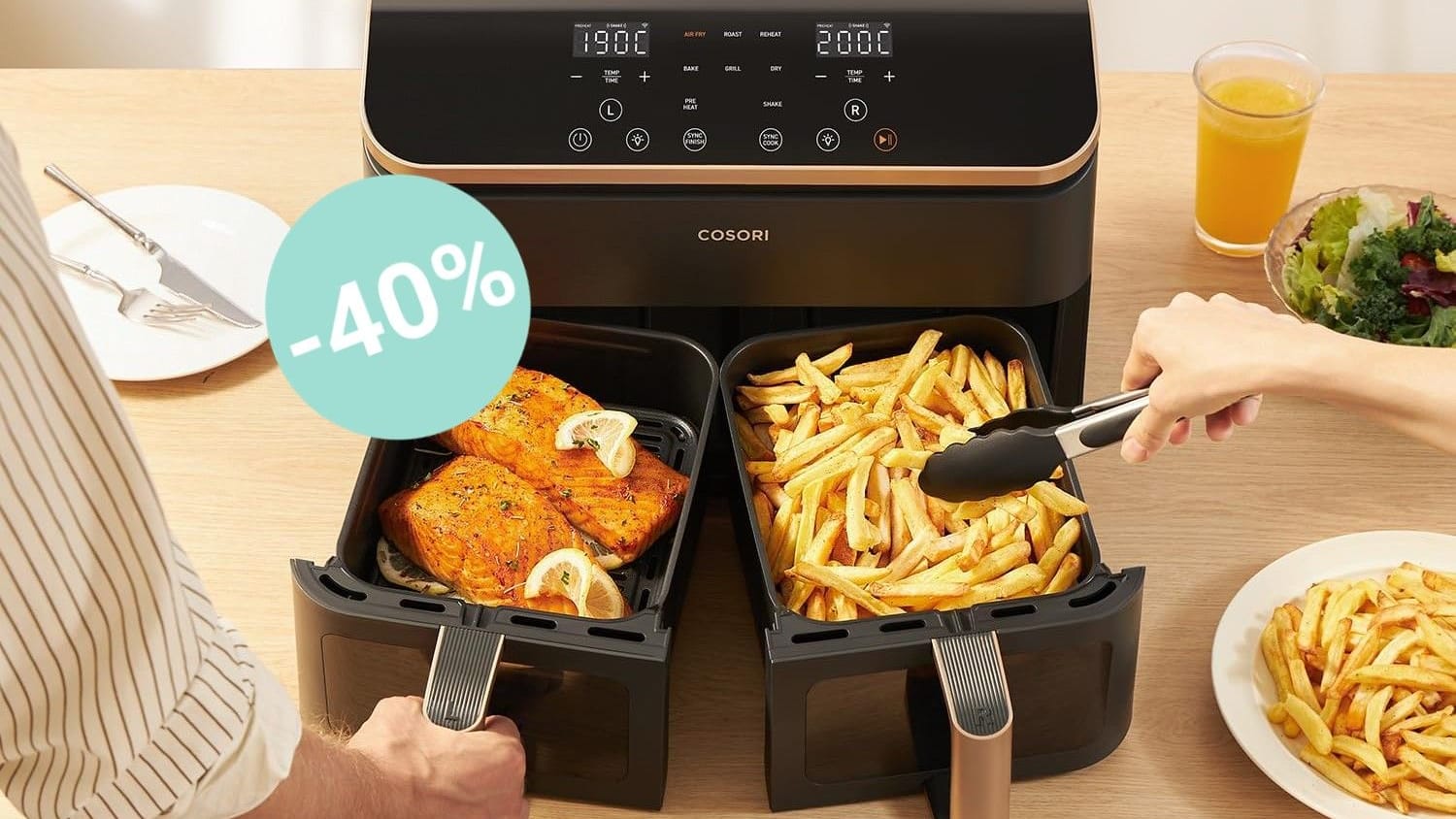 Airfryer-Angebot: Die Testsieger-Heißluftfritteuse von Cosori mit zwei Kammern gibt es bei Amazon mit Extra-Rabatt jetzt noch günstiger.